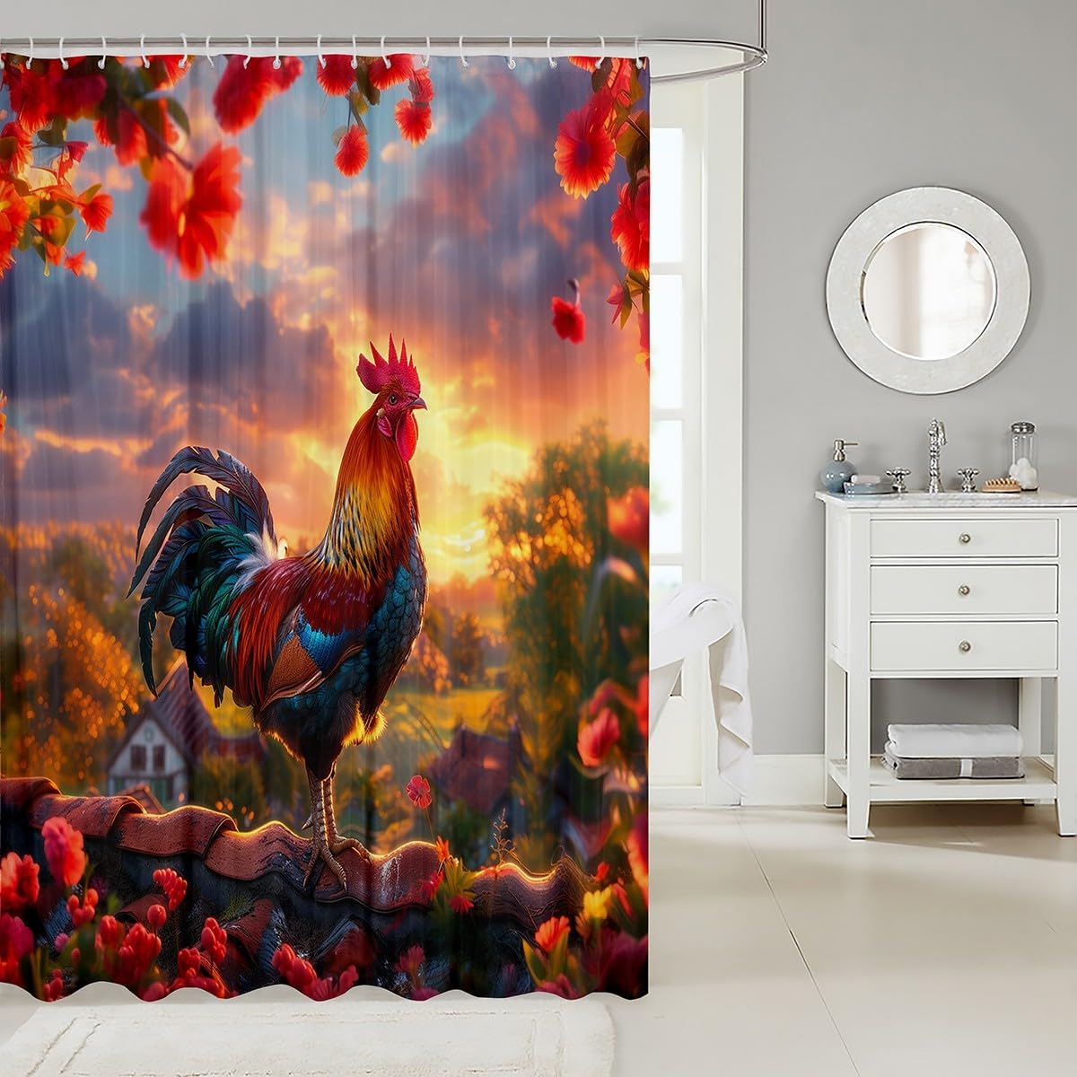 Big Cock Bath Rustic Farmhouse Shower Curtain Farm Style Chicken Print Bathroom Decor Garden Themed Floral Waterproof Sunset Landscape for Boys Girls Teens, 72" W x 84" L