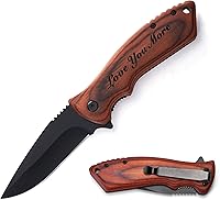 Vista 11 de Cuchillo plegable de bolsillo personalizado grabado con caja de madera para novio, marido, papá, hijo, cuchillo de caza de pesca único para hombres