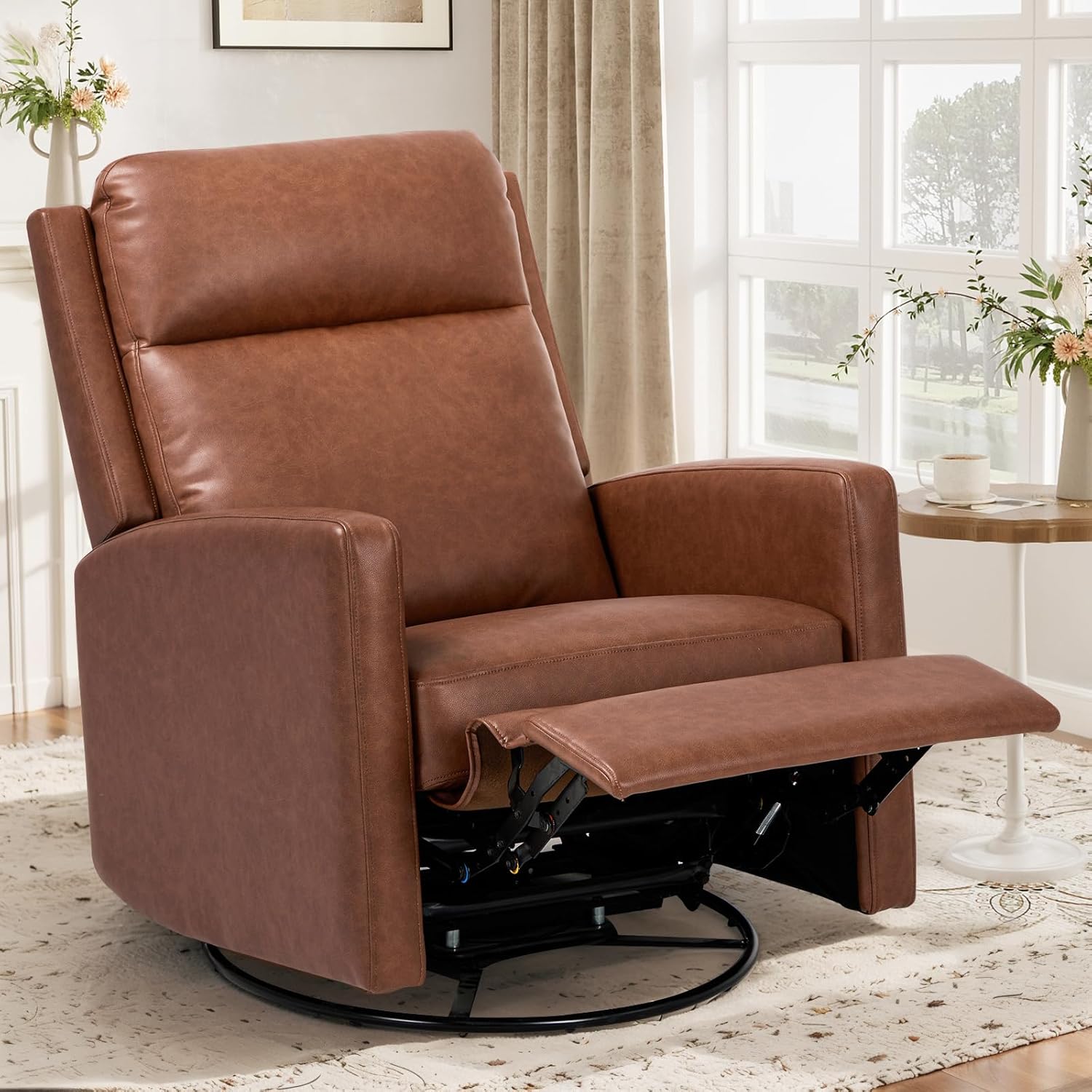 COLAMY Swivel Rocking Recliner,Wide PU Leather Glider Sofa Chair with Ergonomic High Backrest for Living Room, Office, Bedroom?Cocoa?