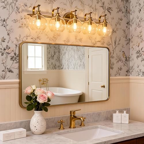 Miniatura 4 de ANDY STAR Lámparas de baño de oro cepillado, 5 luces de tocador para espejo, apliques de pared modernos de 35 pulgadas con globo transparente de