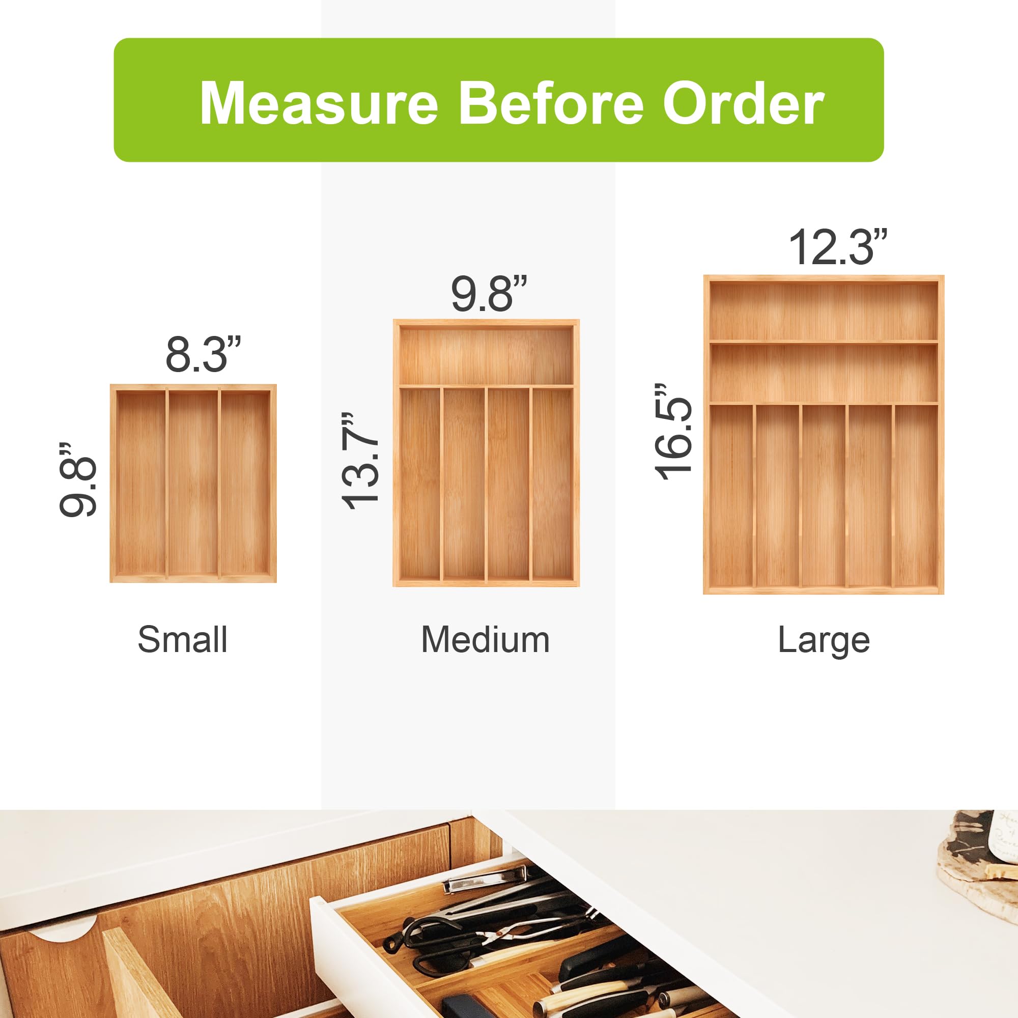 Organizador de cajones de utensilios de bambú, organizador de cocina para cubiertos, bandeja de cubiertos para cajón (5 ranuras, natural) 2