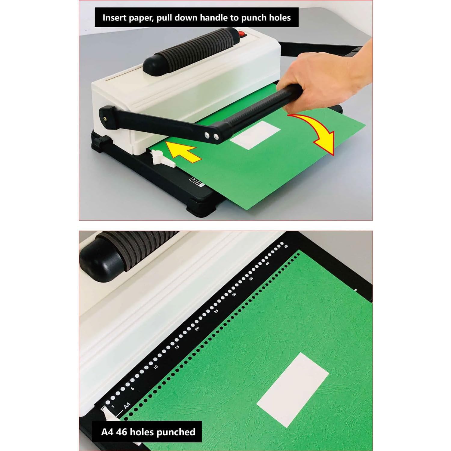 Rilegatrice a Spirale Metallica a 46 Fori, Rilegatore a Pettine A4/A5, Pinzatrice Elettrica con Posizionatori, Gestisce 250 Fogli, Apertura 4 Mm, per Notebook, Testo per Ufficio