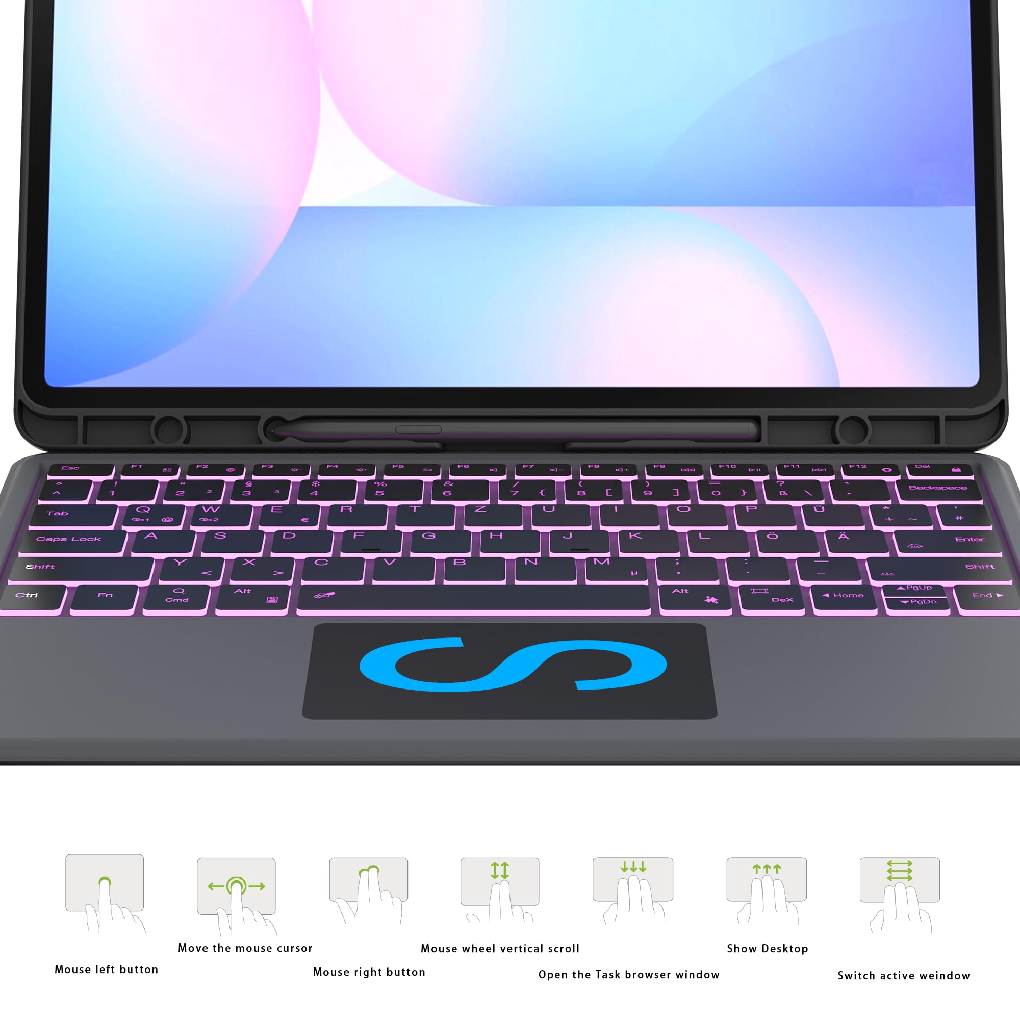 für Samsung Galaxy Tab S10 FE+ Plus 13.1 Zoll Hülle mit Tastatur: Tab S10fe+ Plus 2025 Deutsches QWERTZ-Layout Tastatur mit Touchpad | 7-Farbige Beleuchtung Kabellose Tastaturen Hülle mit Pen Halter