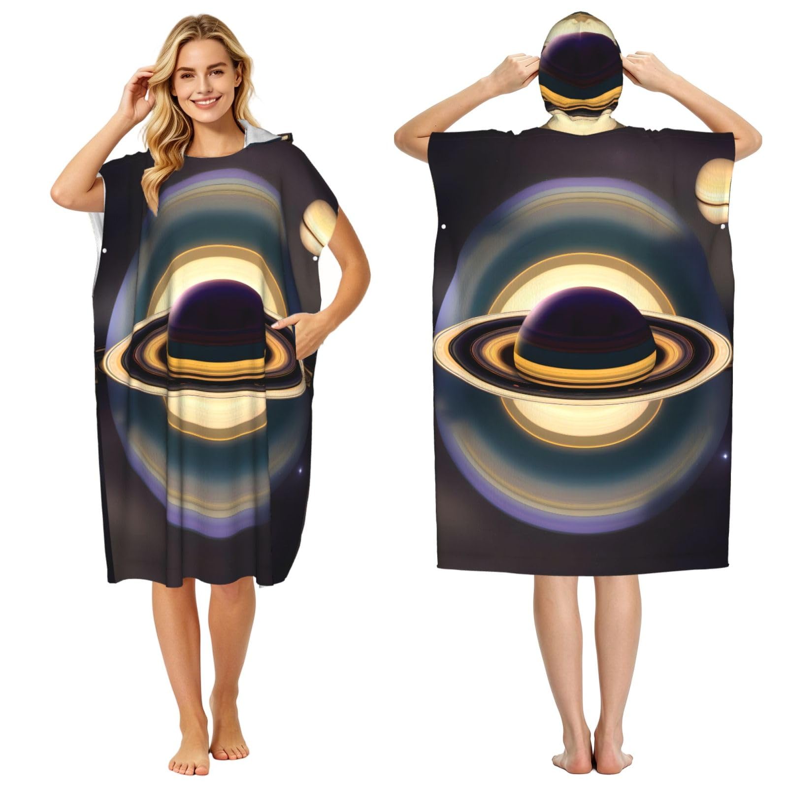 Zaixiansj 110cm Beautiful Saturn Print Adult Changing Robe Hooded Towel Poncho Surf Swim Beach Cover Up with Pockets