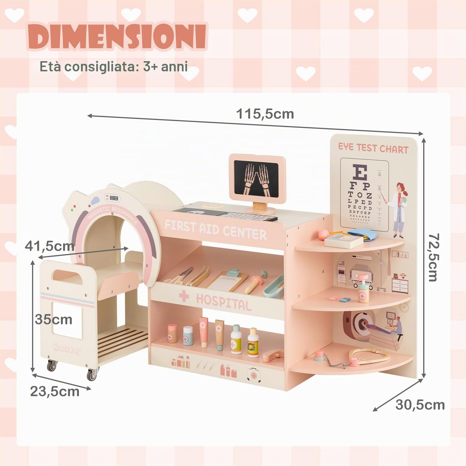 COSTWAY Set Gioco Dottore per Bambini, Medico Giocattolo in Legno con Tabella Oculistica, Macchinario CT e Radiografie, Gioco di Ruolo Medico Educativo con Accessori per Bambini 3+ Anni (Rosa)