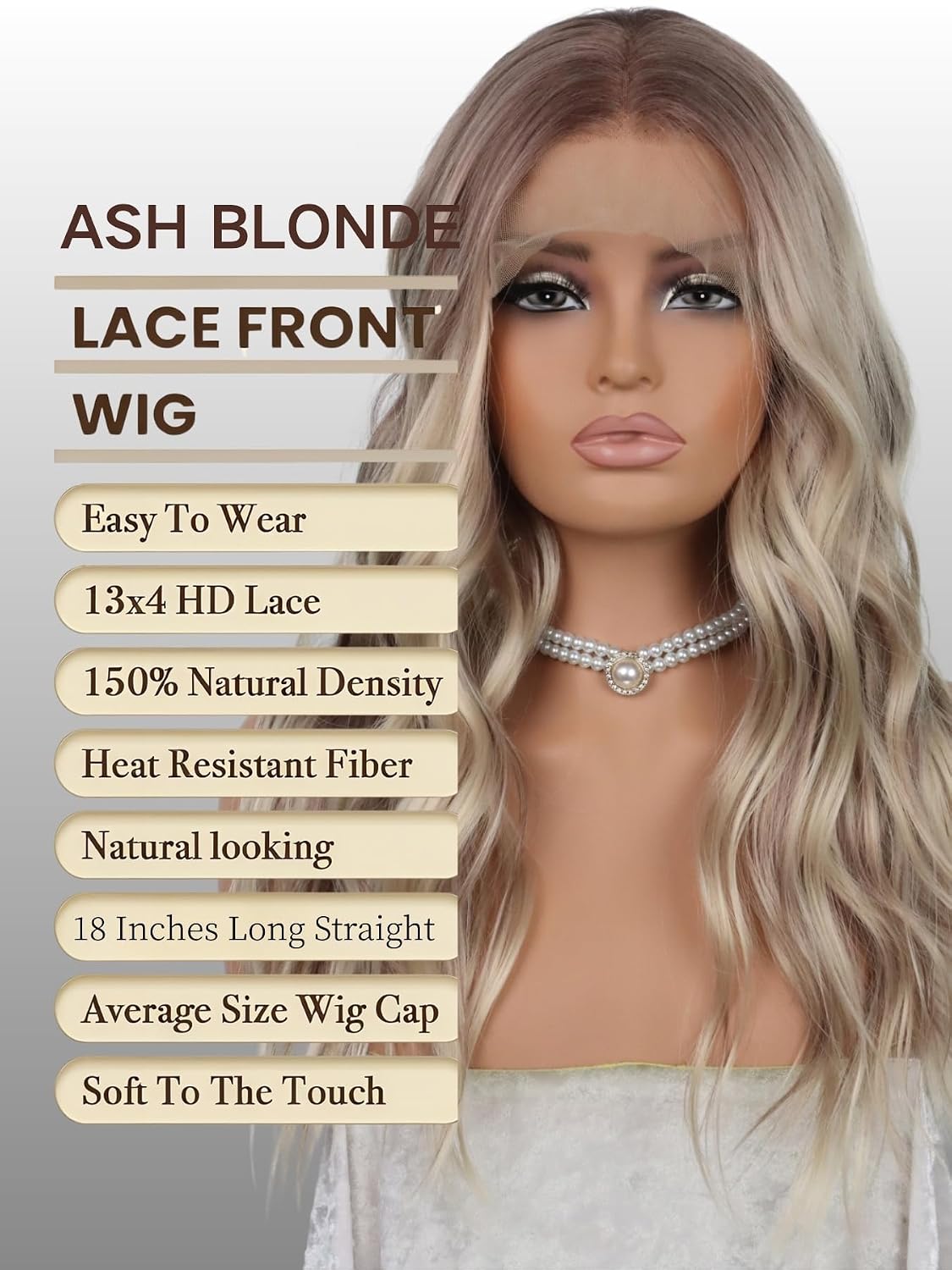 MACA BAKA Ombre Highlight Ash Blonde Wig Synthetic Lace Front Wig Pre Plucked Glueless 18 Inches Medium Length Long Wavy Brown Mixed Light Blonde HD 13x4 Lace Front Wigs for Women