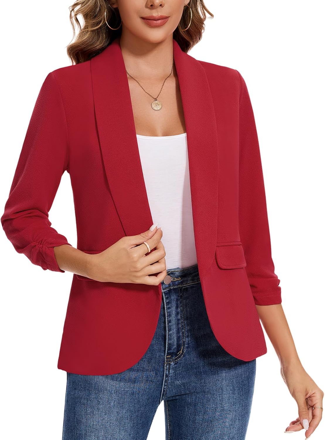 Women's Casual Open Front Blazers Shawl Lapel Ruched 3/4 Sleeve Office Lightweight Blazer Jackets with Pockets *Red,Size XL*