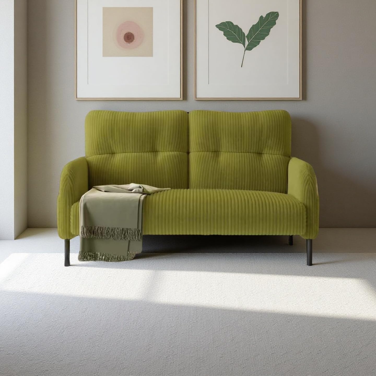 Modern Small Loveseat Sofa, Corduroy Sofa for Living Room, Yellow Couch, Upholstered Mini Couch with Metal Legs, Side Pockets, Comfy Love Seat for Bedroom, Dorm, and Apartment (Olive Green)