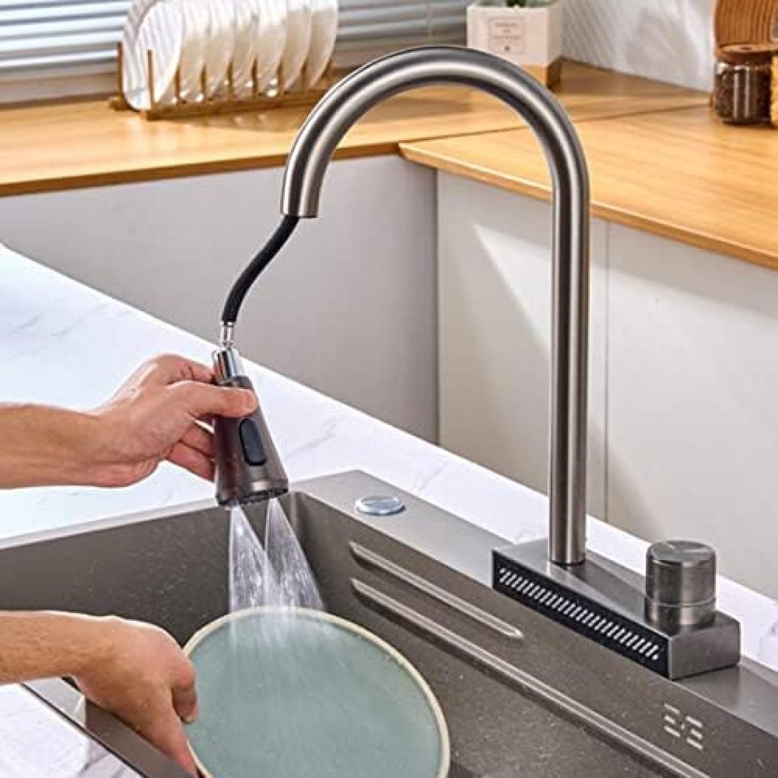 Grifo De Cocina Plegable Acero Inoxidable - Giratorio 360°, Salida Tipo Ducha, Núcleo Cerámico, Negro