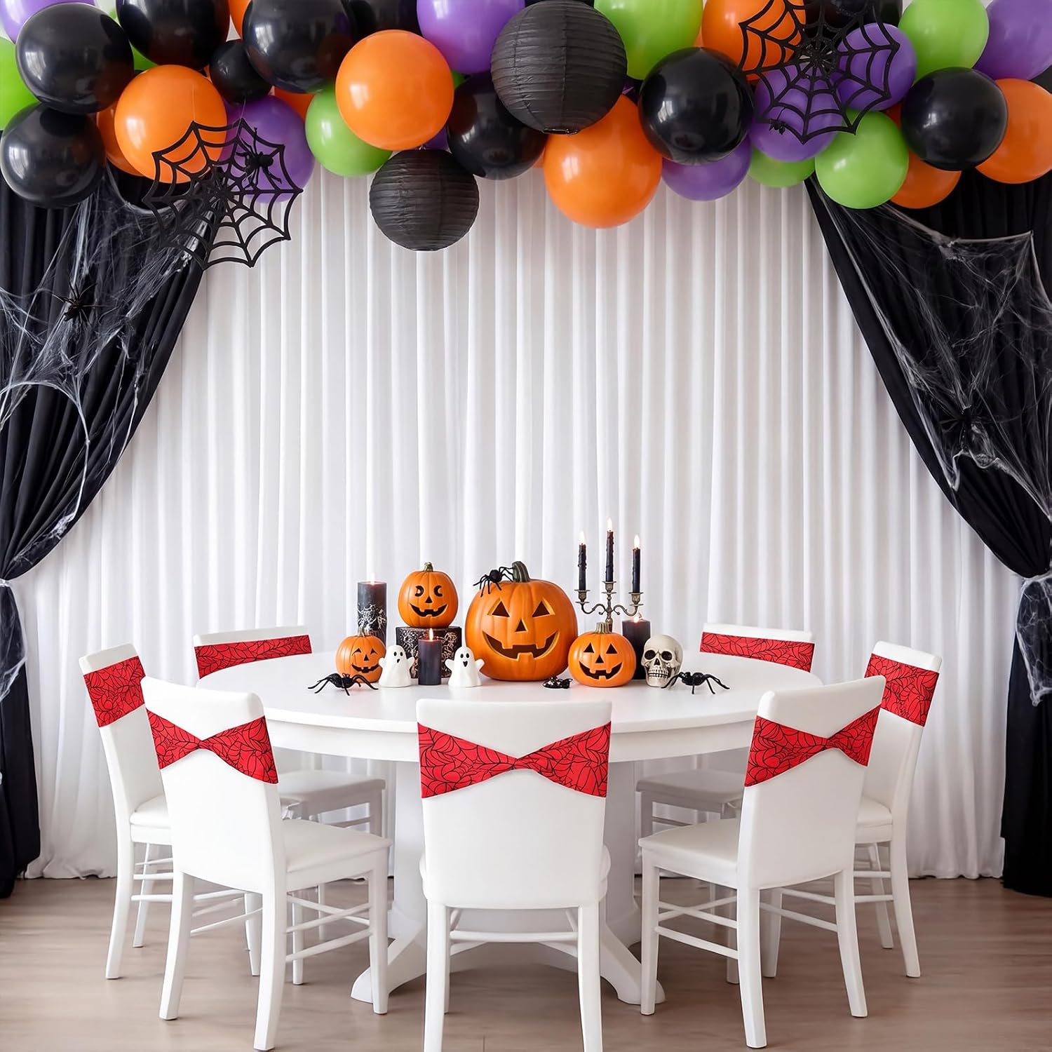 Newwiee 24 Pcs Spiderweb Spandex Chair Sashes Bows 6 x 14 Inch Stretch Chair Cover Bands for Halloween Party Events Ceremony Birthday
