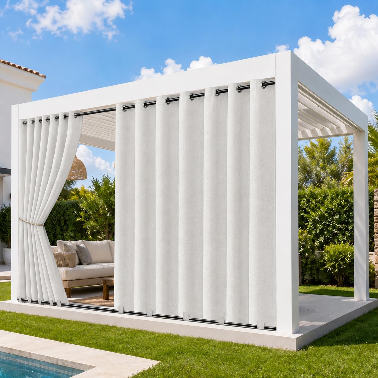 100%Occultant Extra Large Rideau Extérieur à Œillets Haut Tissu Aspect Lin | Rideaux d'Extérieur Imperméables et Isolants Thermiques, Passants en Bas, Idéals pour Pergola et Patio, 274H cm Gris-blanc