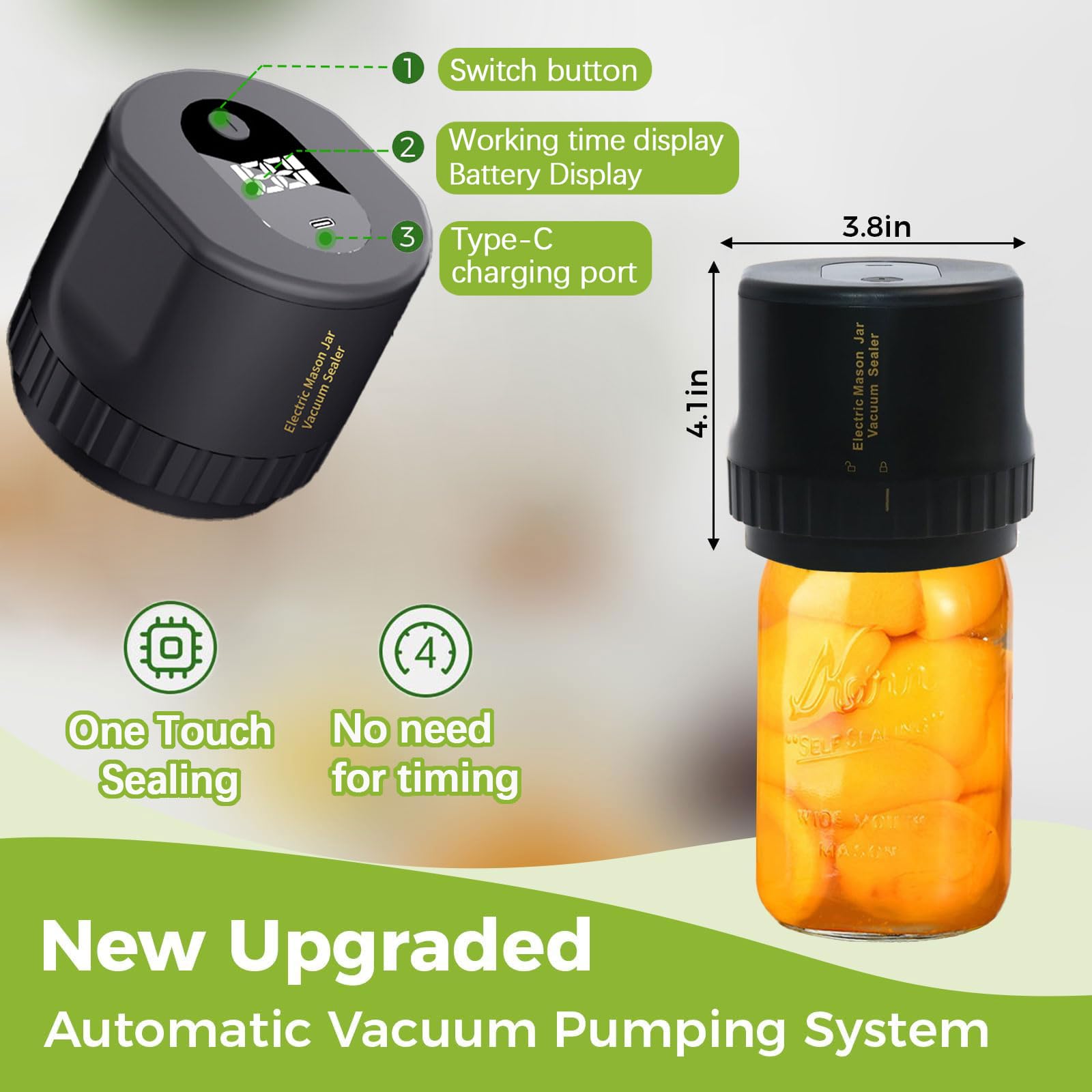 Domigard Macchina Sottovuoto Alimenti Barattolo di Vetro, Elctrtici Mason Jar Vacuum Sealer,10 Coperchi Inclusi, adatto Sigillare Alimenti in Vasetti (Nero)