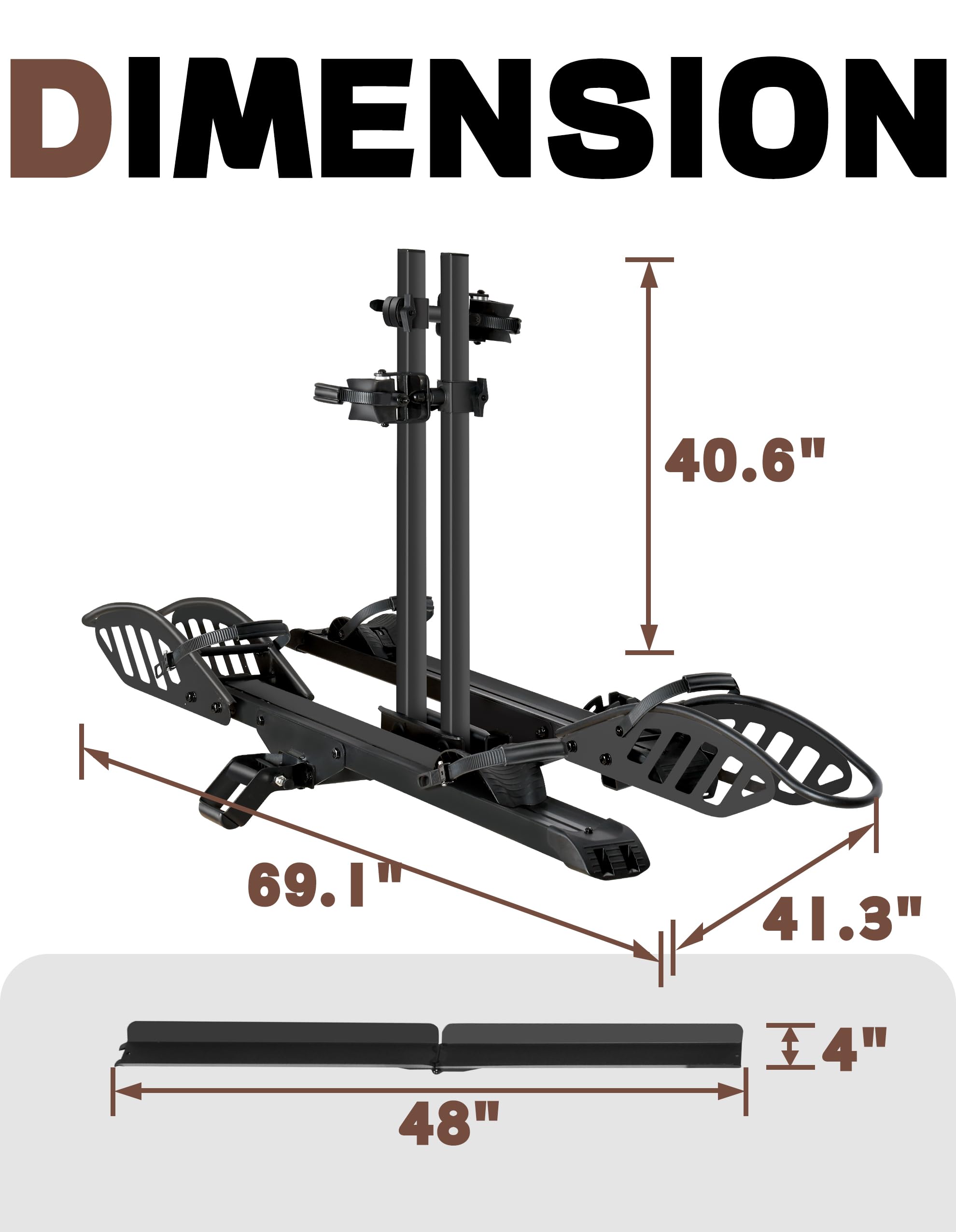 E-Bike Rack with Ramp, Hitch 2 Bike Rack, 200 lbs Capacity Electric Bike Carrier, Foldable Platform Mount for Cars, Trucks, SUVs, Minivans, Up to 5-Inch Fat Tire for 2'' Receiver