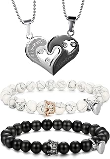 4Pcs Couples Bracelet Necklace Set Matching His and Hers Promise Love Heart Pendant Necklace Bracelet for Couples Long Distance Relationship Natural Stone Bead Couple Jewelry, Agate