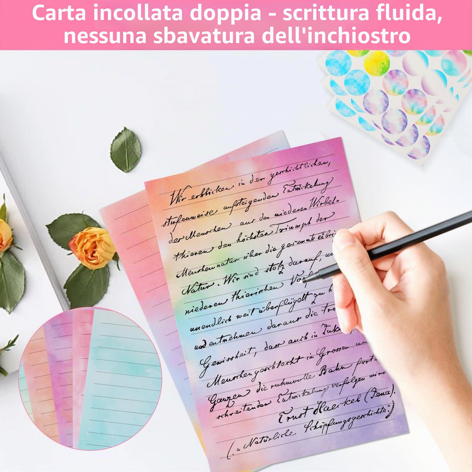 Carta da Lettere con Busta Set 160 Pz, Buste Colorate per Lettere Acquerellabili, Include 60 Adesivi