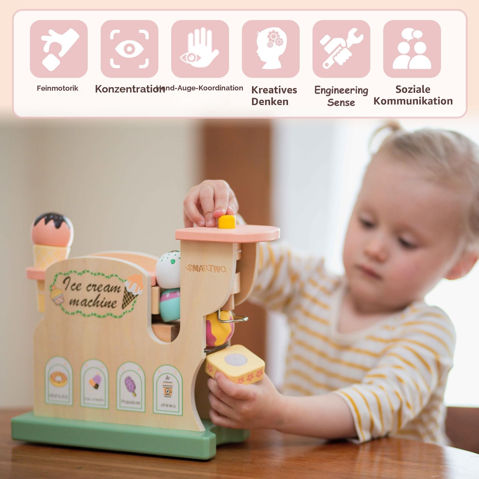 Eismaschine Spielzeug für Eisdiele Eisladen, Holz Zubehör für Kinderküche Spielküche Kaufladen, Küchenzubehör 12-teiliges Spielset für Mädchen ab 3 Jahre, Rollenspiel Küchenspielzeug