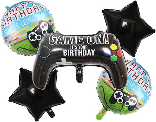 Morndew 5 globos de videojuegos de estrellas negras para videojuegos, juego en globos, gamepad, globos de aluminio para fiestas de juegos, niños,