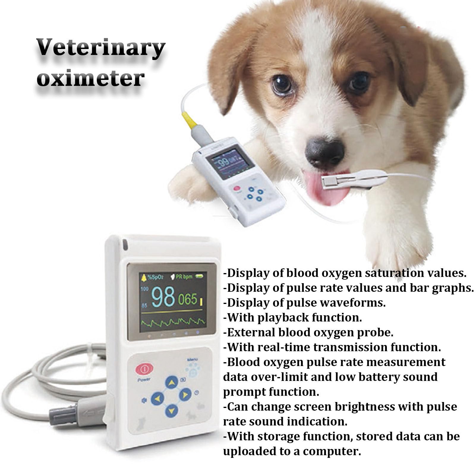 Oxímetro de pulso veterinario, equipo de pulsioxímetro digital portátil para animales, sonda lingual para perros y gatos, fácil de usar y monitor preciso.