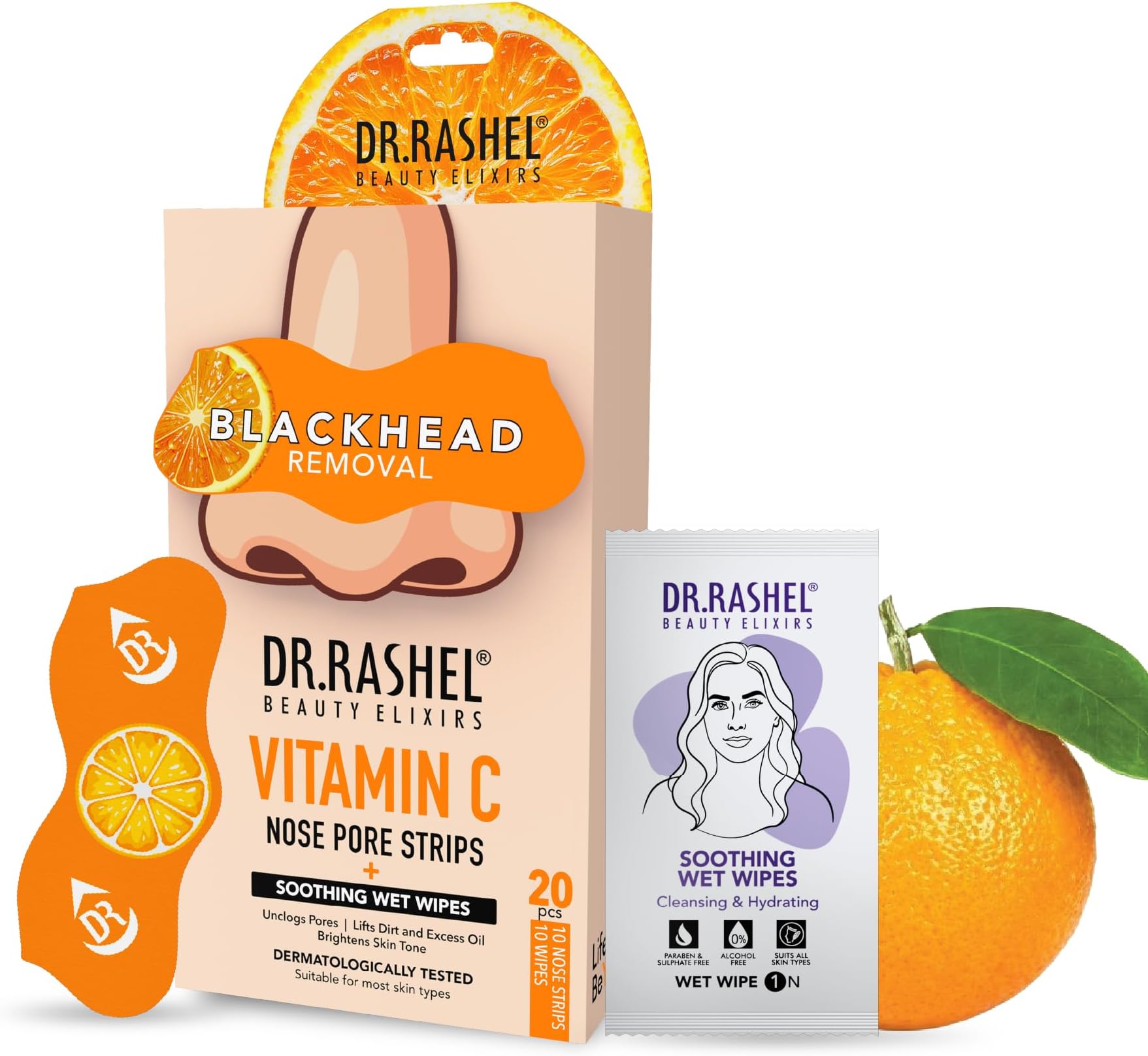 DR.RASHEL Vitamin C Nose Strip With Hazel Extracts Observes Dirt And Oil (10 Strips &10 Wipes)