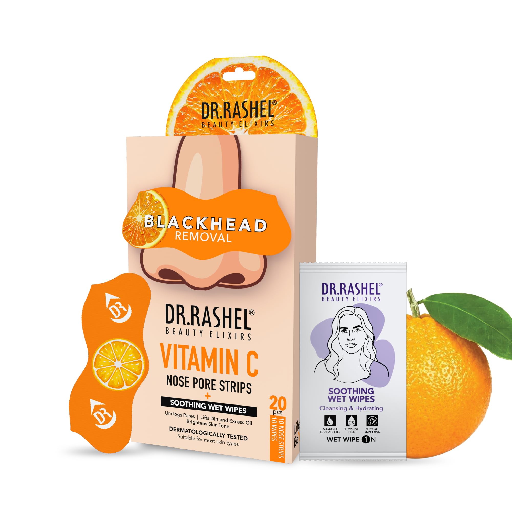 DR.RASHEL Beauty Elixirs Vitamin C Nose Strips with Witch Hazel & Activated Charcoal for Blackhead Removal, Oil Control & Deep Pore Cleansing 10 Strips + 10 Wipes