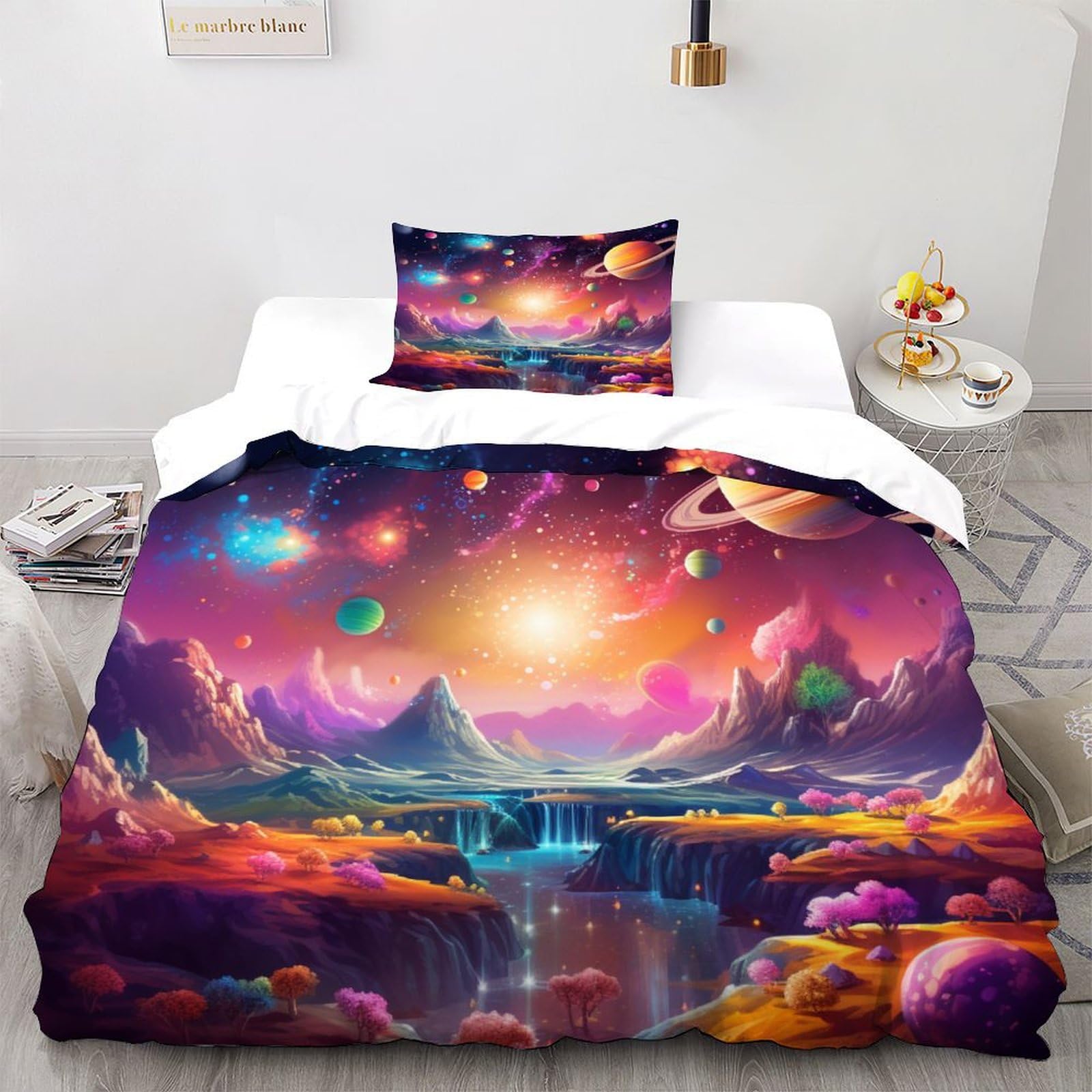 Housse de couette espace 135x200 microfibre avec couvre-lit imprimé galaxie et taies d'oreiller