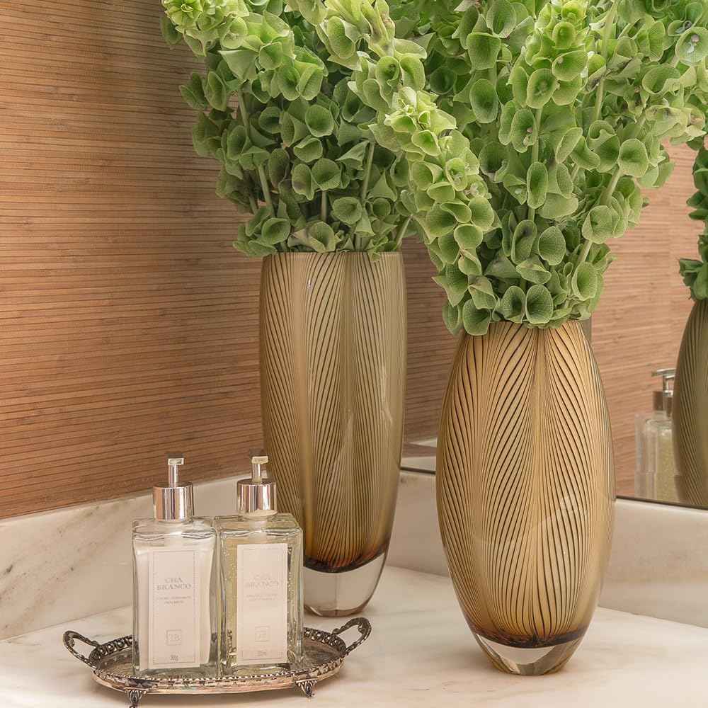 Ca D Oro Murano Style Glass Vase Amber Feather Pattern Hand Blown Art Glass for Flower, Room Decoration and Centerpiece - Model 54 MS - Image 5