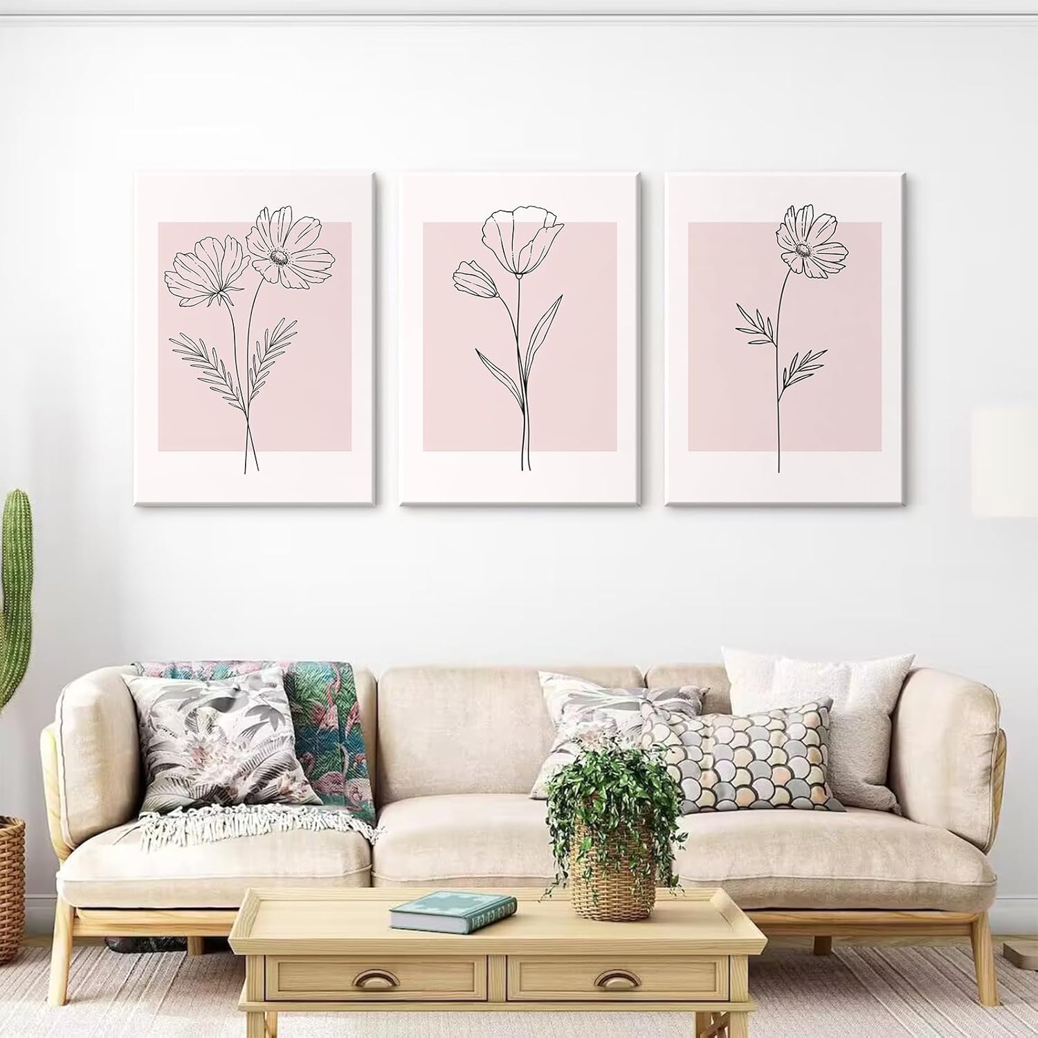 lianyibo Zestaw 3 różowych obrazów ściennych, różowych kwiatów, kwiatowy plakat botaniczny do dekoracji sypialni lub biura (50 x 75 cm x 3/bez ramki)