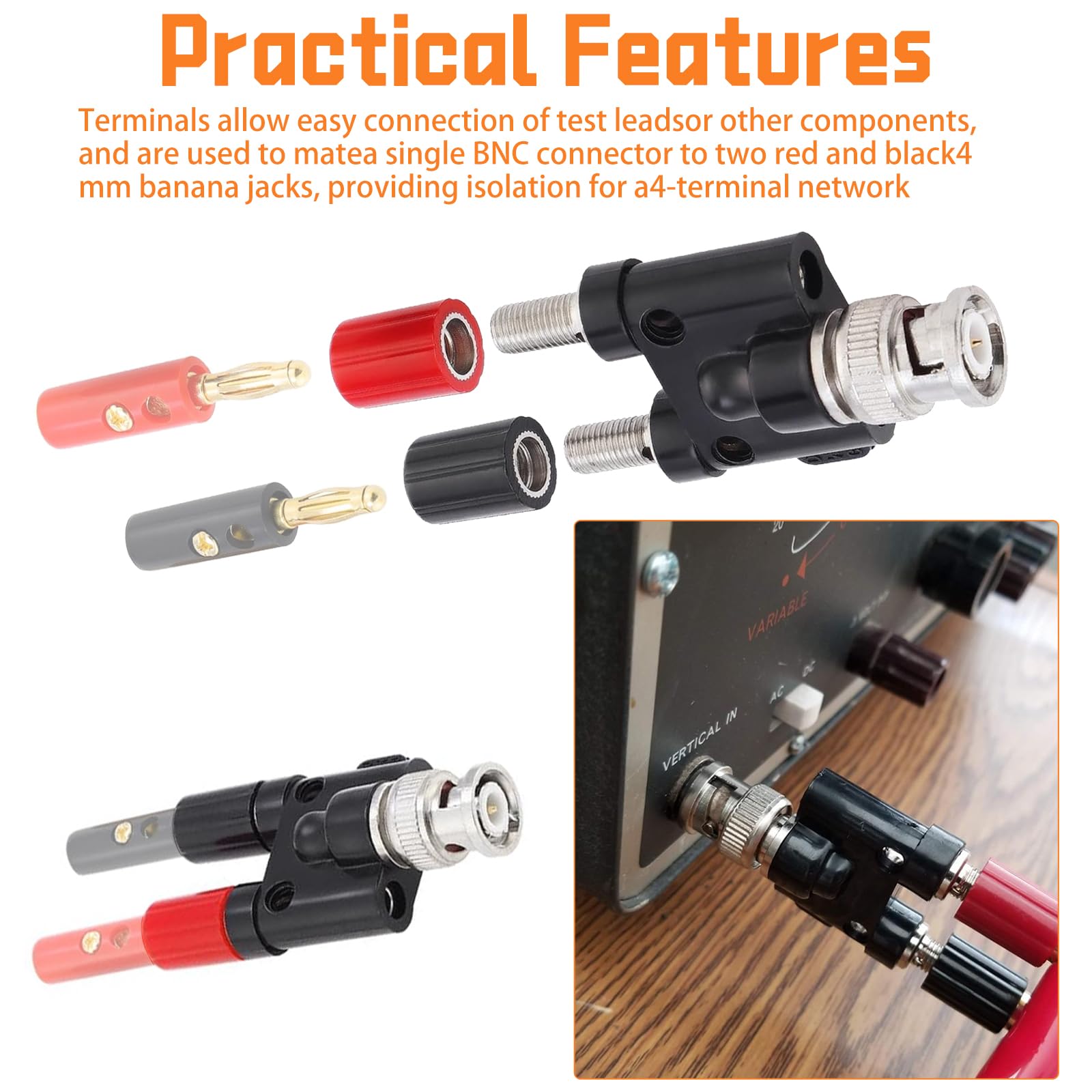 Conector BNC Macho Plástico Negro Con Doble Jack Banana - Para Cables De Osciloscopio, Sin Soldadura