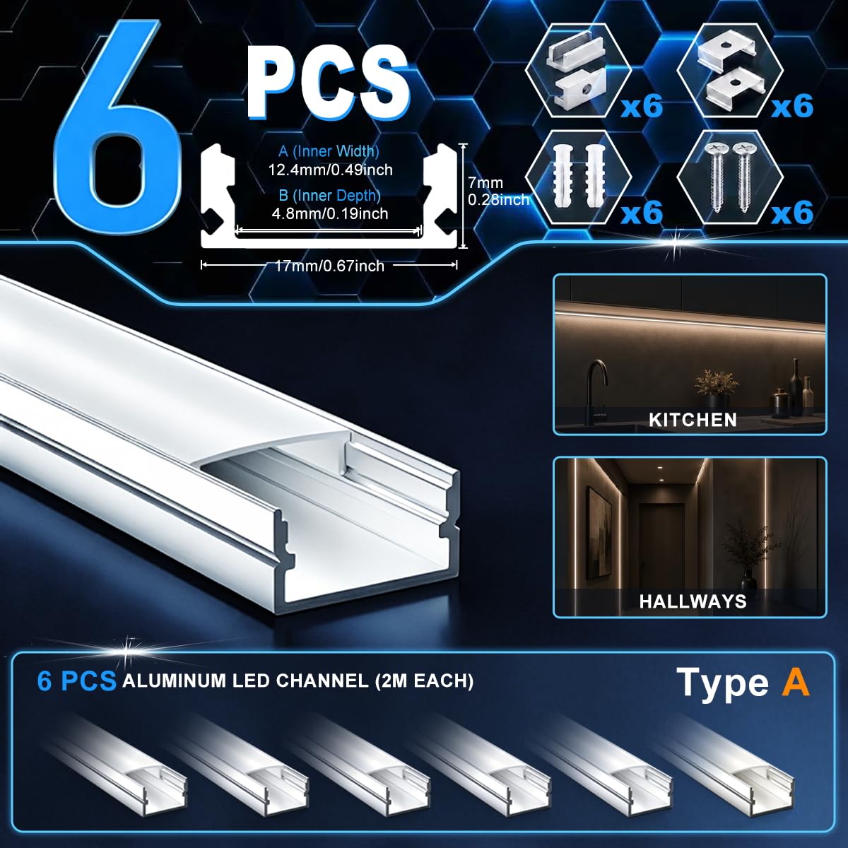 6 x LED Profile for Strips 2 m (12 m), LED Aluminium Rail for Drywall, Suitable for Strips up to 12 mm Width, Dimensions: 17.4 x 7 mm, Installation for Tiles, Plasterboard, Wood Panels