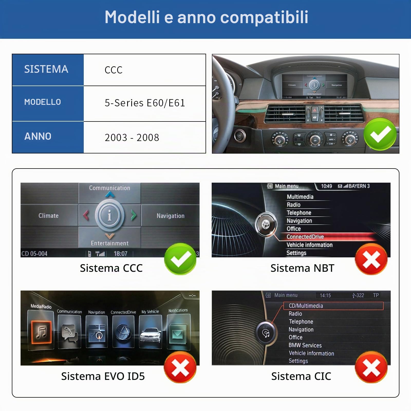 Road Top Autoradio CarPlay 12,3" per BMW Serie 5 E60 E61 con CCC 2003-2008 | Schermo Touchscreen ultrasottile Linux HD IPS, CarPlay senza fili, Android Auto, MirrorLink, Navigazione, Autoradio Bluetooth