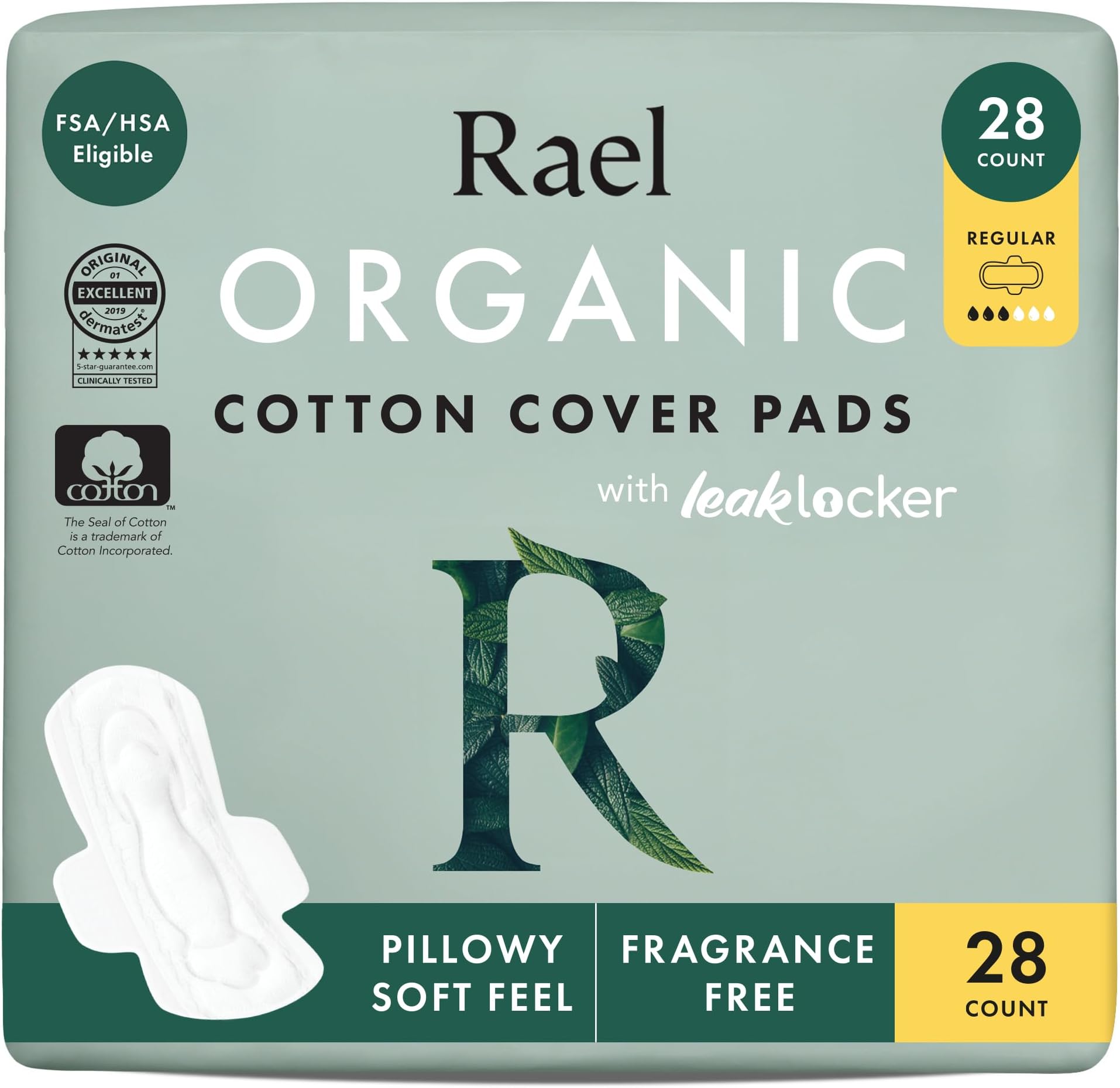 Organic Cotton Cover Pads - Regular Absorbency, Unscented, Ultra Thin Pads with Wings for Women (Regular, 28 Count)
