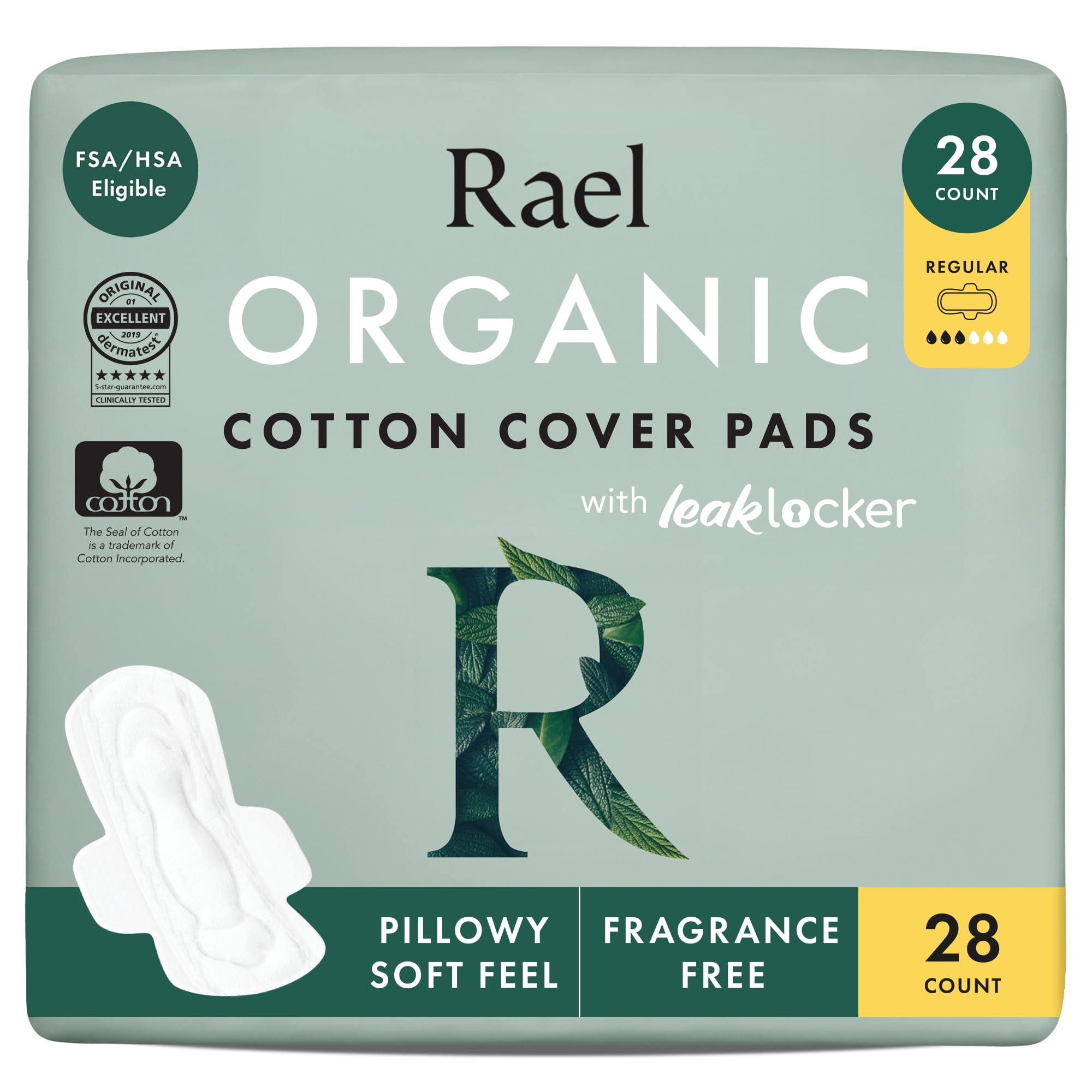 Rael Organic Cotton Cover Sanitary Pads for Women Moderate (Regular, 28 Ct)