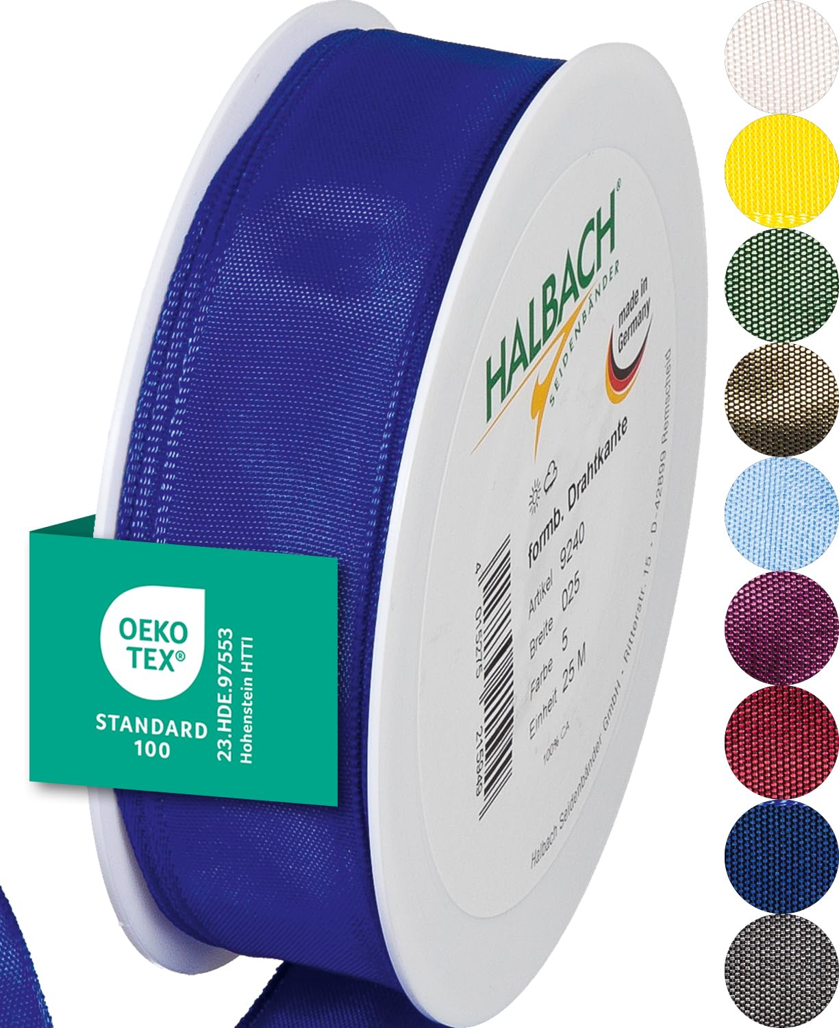 Halbach Seidenbänder Premium Geschenkband mit Drahtkante | Breite 25mm Länge 25m | Öko-Tex 100 zertifiziertes Schleifenband | Taftband Made in Germany, Farbe: blau