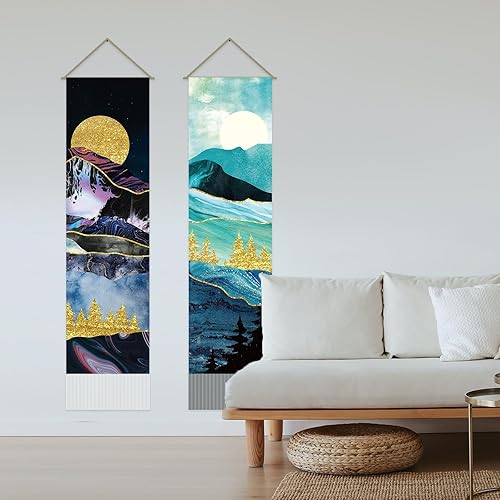Miniatura 4 de AHANDMAKER 2 tapices de montaña, sol, luna, montaña, río, tapiz largo vertical para colgar en la pared, tapiz de bosque y lago, tapiz de paisaje