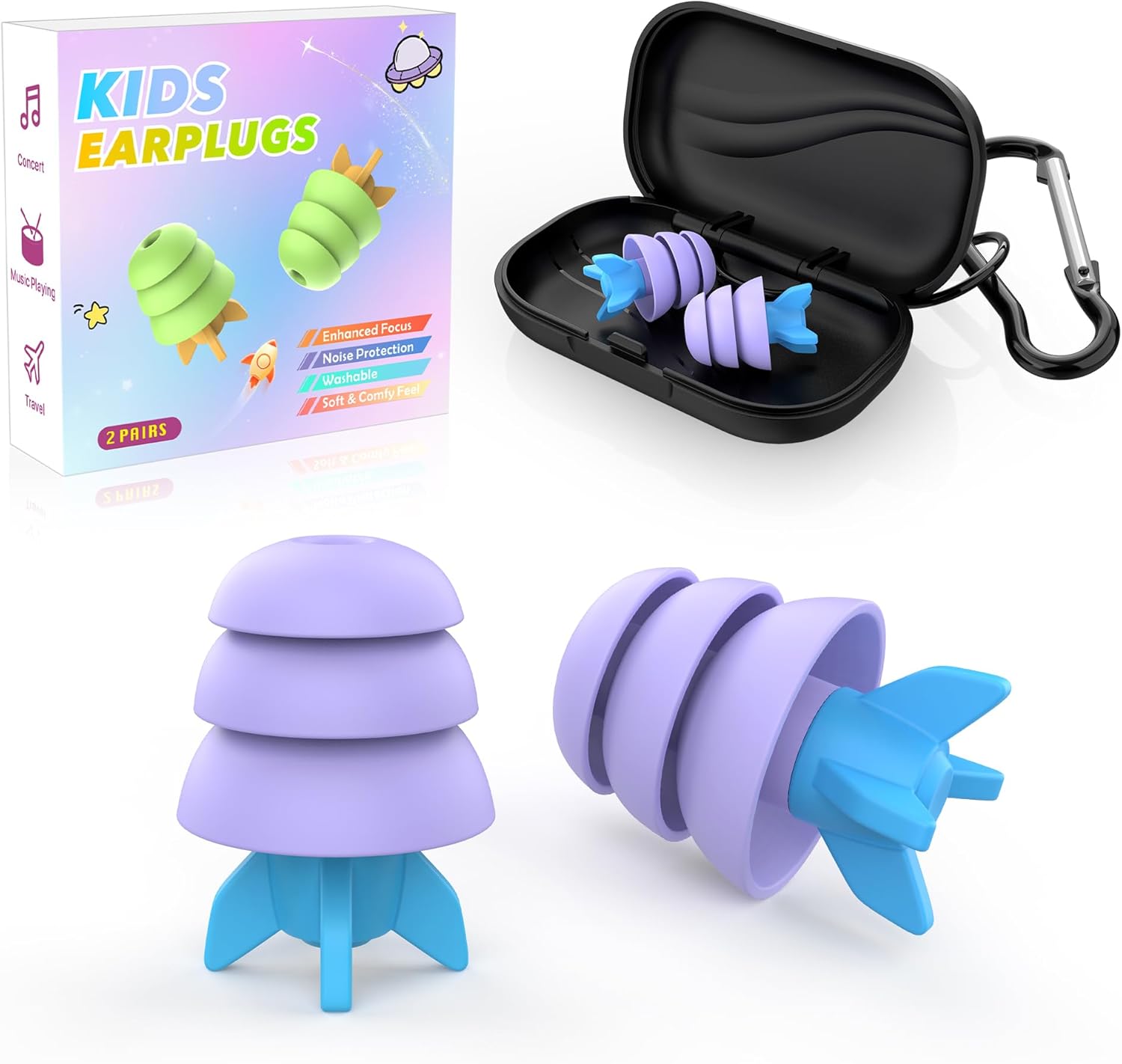2 Pairs Kids Ear Plugs, Reusable Noise Relief Earplugs for Ages 5-12, Ear Protection for Focus, Study, Sleep, Concert, Travel, S+L Sizes (Purple)