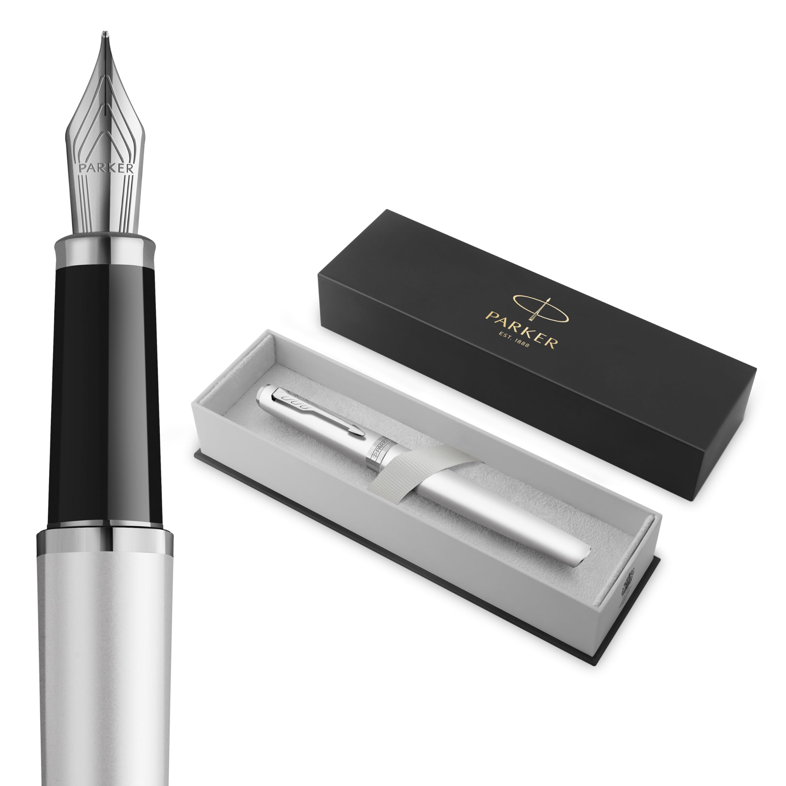 Parker Meridian Stylo plume | Laque chromée avec garnitures chromées | Plume moyenne | Stylos pour l'écriture et Fournitures de papeterie | Encre bleue | Boîte cadeau de luxe