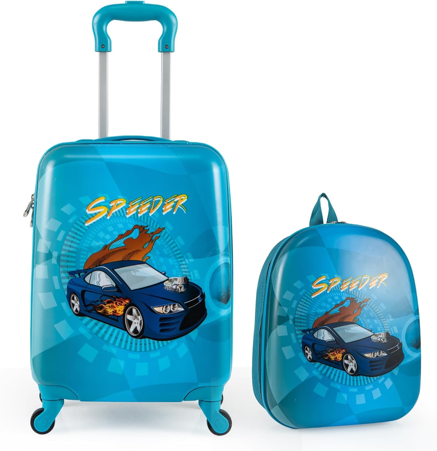 KOTEK 2 PCS Kids Luggage, 16” Hardside Carry On Luggage with Wheels & Hardshell Backpack, Toddler Rolling Suitcase for Boys and Girls, Airline Approved (Racing Car)