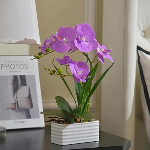 Vista 35 de Flores artificiales de orquídea de tacto real en maceta, flor falsa de Phalaenopsis con jarrón de cerámica blanca, arreglo de orquídeas sintéticas
