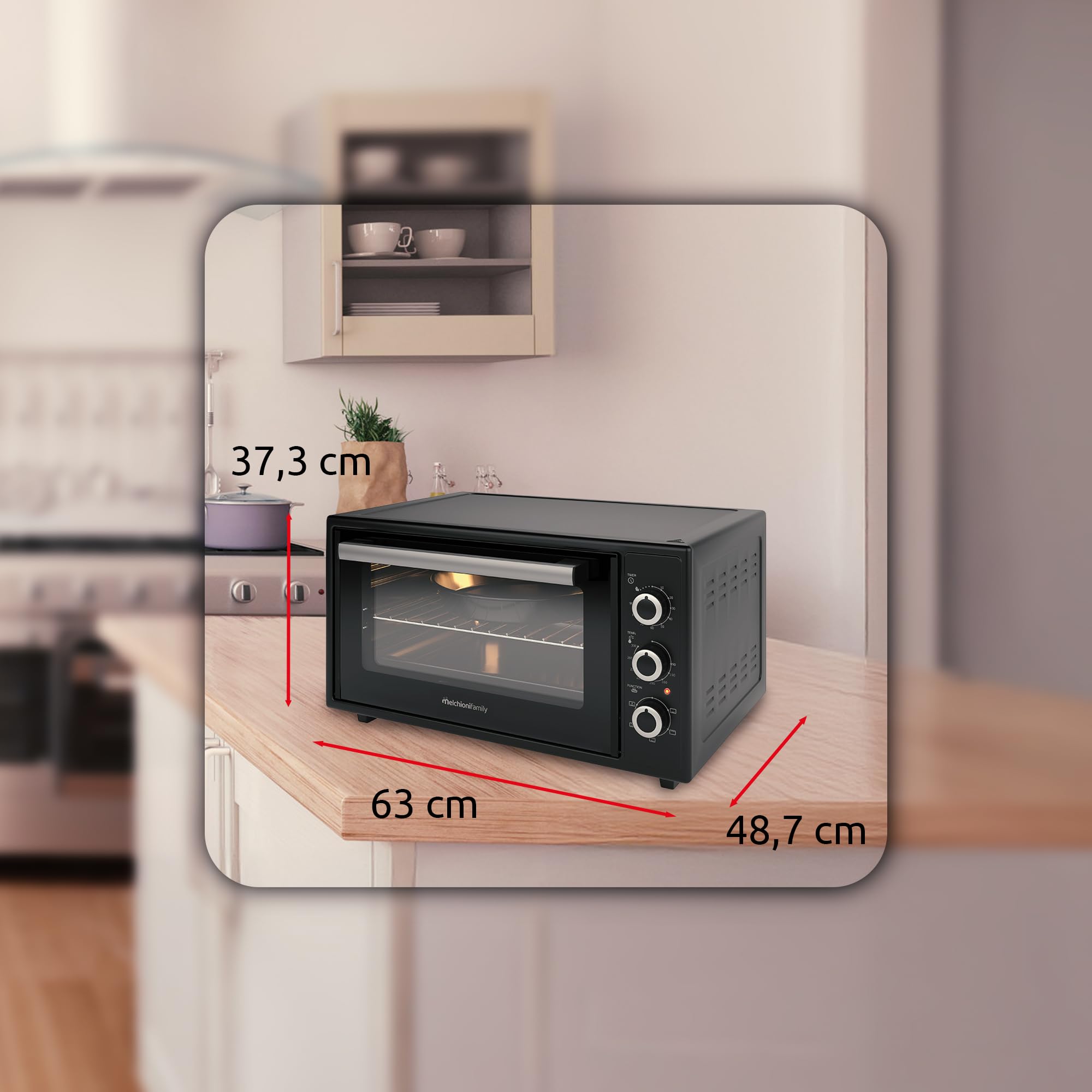 Melchioni Family Forno Elettrico 45 Litri - Alta Temperatura 300°C - Timer 60 Minuti - Luce Interna - Funzione Ventilata per Cottura Uniforme - Ideale per Pizza e Arrosti - 2000W - Nero