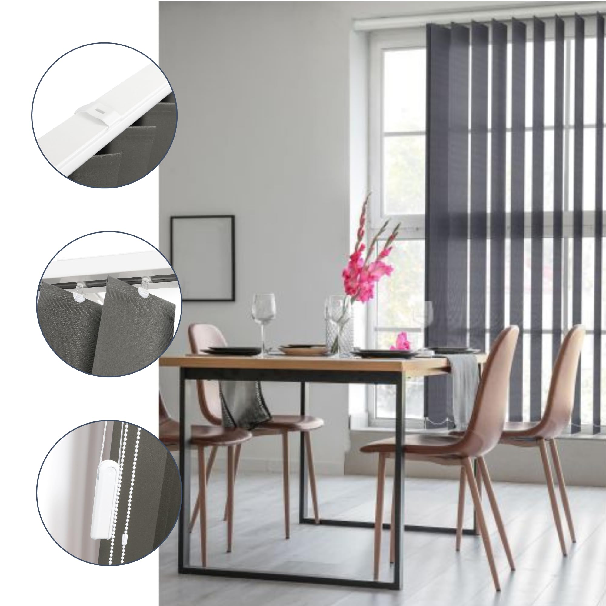 Store Californien tamisant L 200 x H 240 cm – Lames Verticales 127 mm – Chaînette – Fixation Plafond – (Blanc)