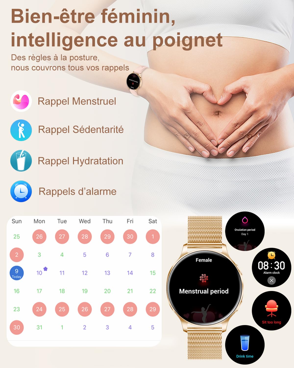 Montre Connectée Femme Ronde avec Appel Bluetooth 3 Bracelets AMOLED 41mm Petite Montre Podometre Smartwatch avec Fréquence Cardiaque Sommeil Calculateur 110+ Sport pour Andriod iOS, Or Rose