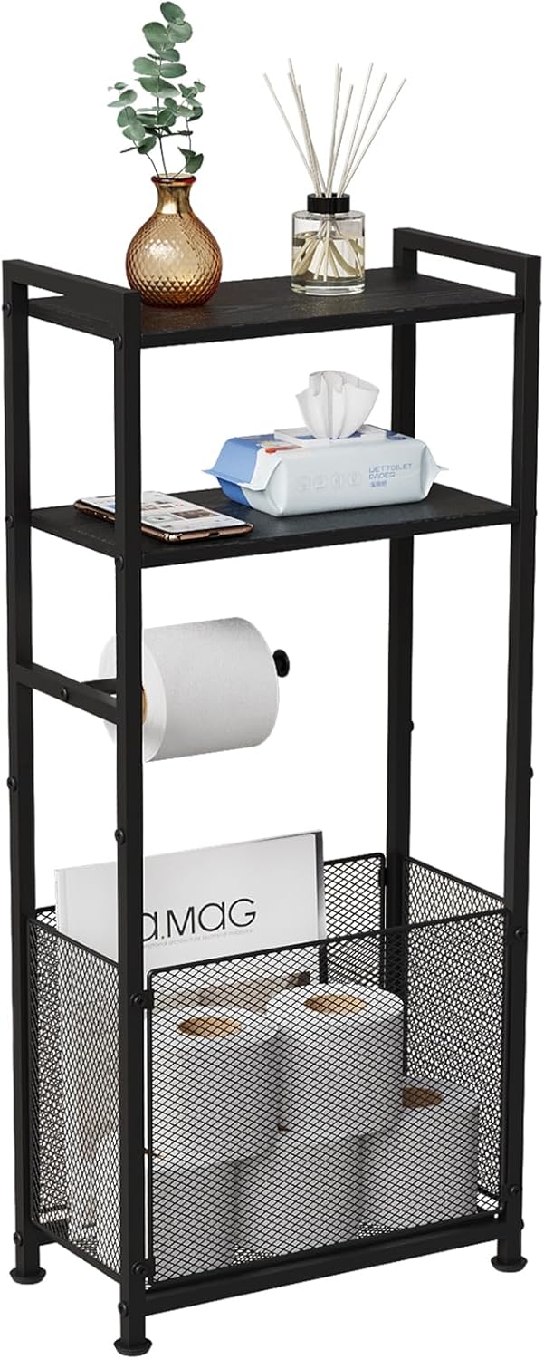 Freestanding Toilet Paper Holder Stand with Storage Shelf, Anlanbor Bathroom Tissue Storage Stand Toilet Roll Storage Rack for Phone, Wet Wipe, Magazines,Bathroom Organizer Shelf for Small Space