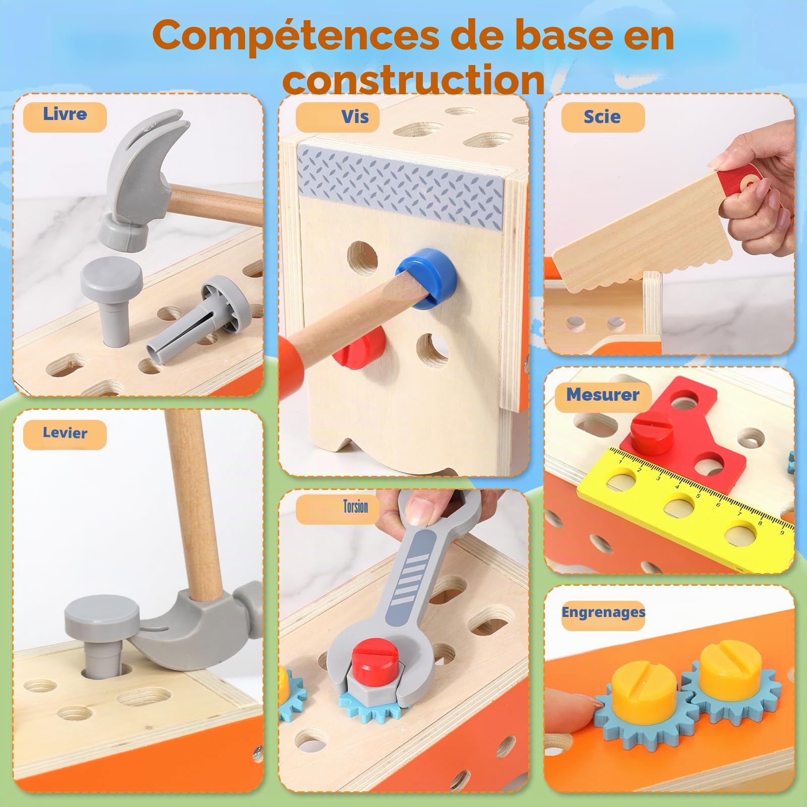 XIAPIA Boîte à Outils en Bois pour Enfants – 124 Pièces Deluxe, Kit de Construction Grande Taille, Jouet Éducatif, Développement de la Motricité et de la Créativité – Dès 3 Ans