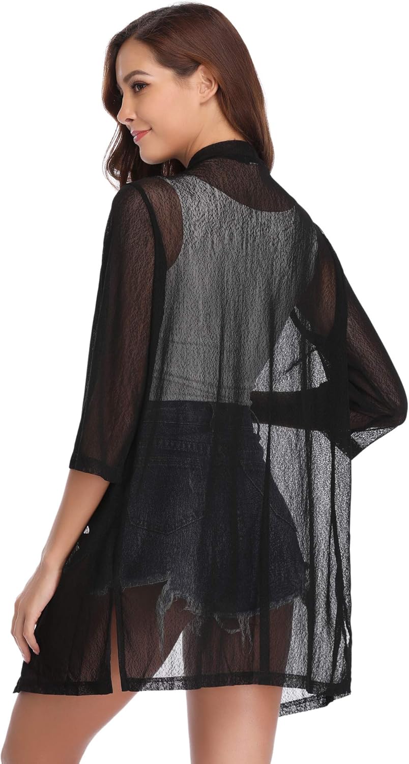 iClosam Women Casual 3/4 Sleeve Sheer Open Front Cardigan Sweater Kimono - Image 3