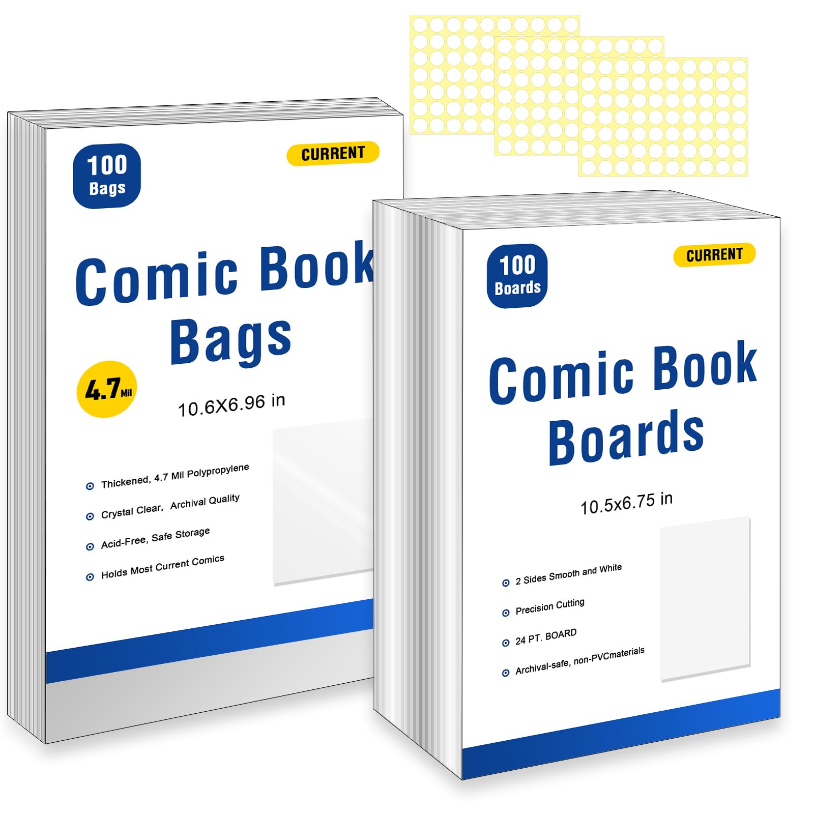 100ct Current Comic Book Bags and Boards-Reusable Boards,Bags 4.7 Mil Acid-Free Crystal Clear，100 Comic Book Sleeves and 100 Thick Comic Book Boards，Archival Quality，Applicable to Most Comic Books