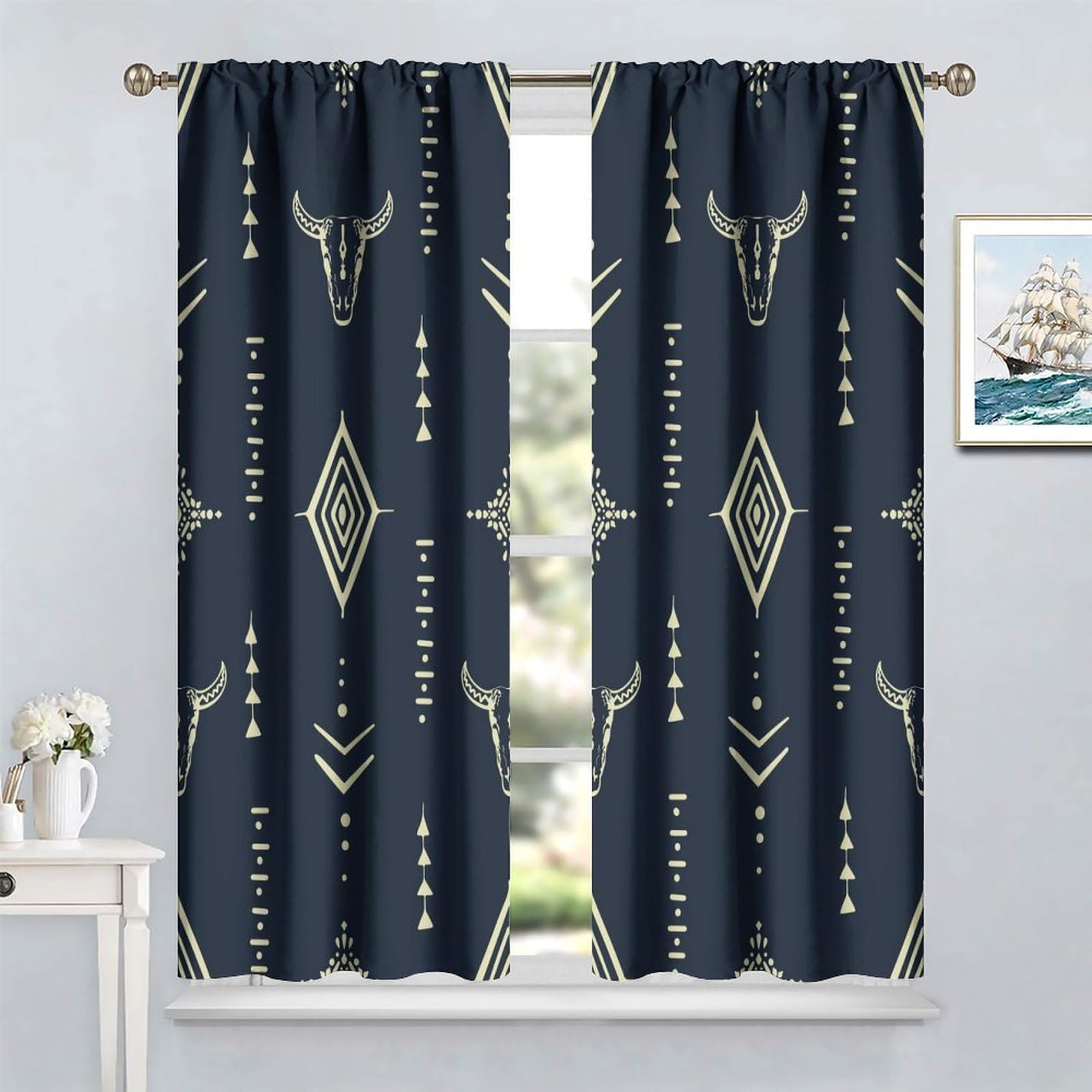 Cortinas aztecas opacas para dormitorio, diseño tribal occidental de calavera de toro nativo, tribal, bohemio, patrón azteca, cortinas de ventana para sala de estar, 42 x 45 pulgadas