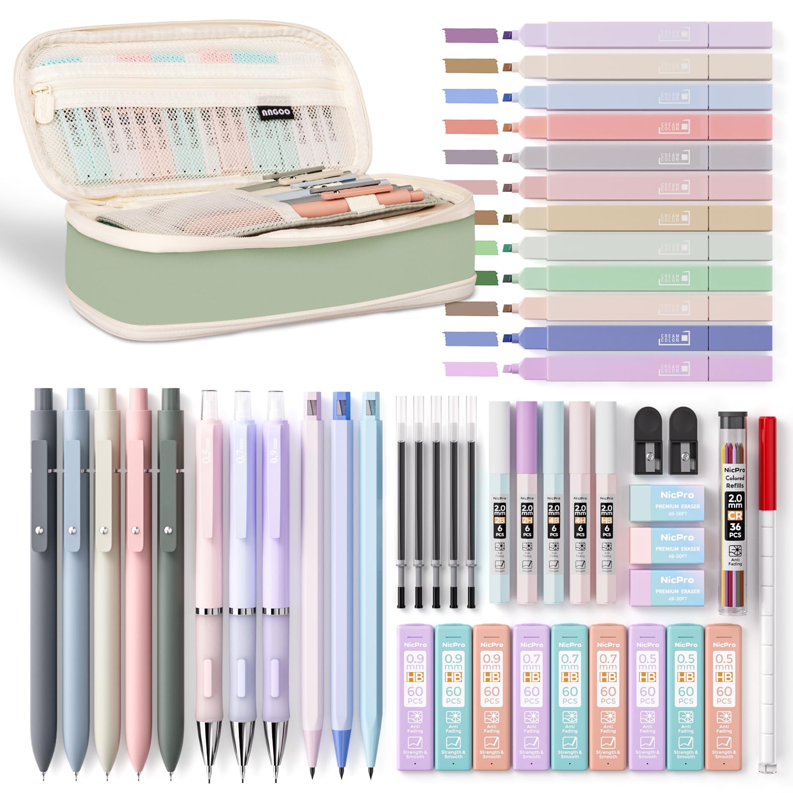 Nicpro50 PCS Aesthetic School Supplies with Pen Case, 5 Quick Dry Retractable Black Ink Pens, 12 Pastel Highlighters, 6 Pastel Mechanical Pencil Set 0.5 & 0.7 & 0.9 & 2.0 mm for Students Stationary