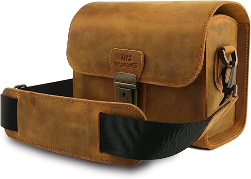 MegaGear Pebble MG1725 - Bolsa de mensajero de piel auténtica para cámaras sin espejo, instantáneas y DSLR, color camello