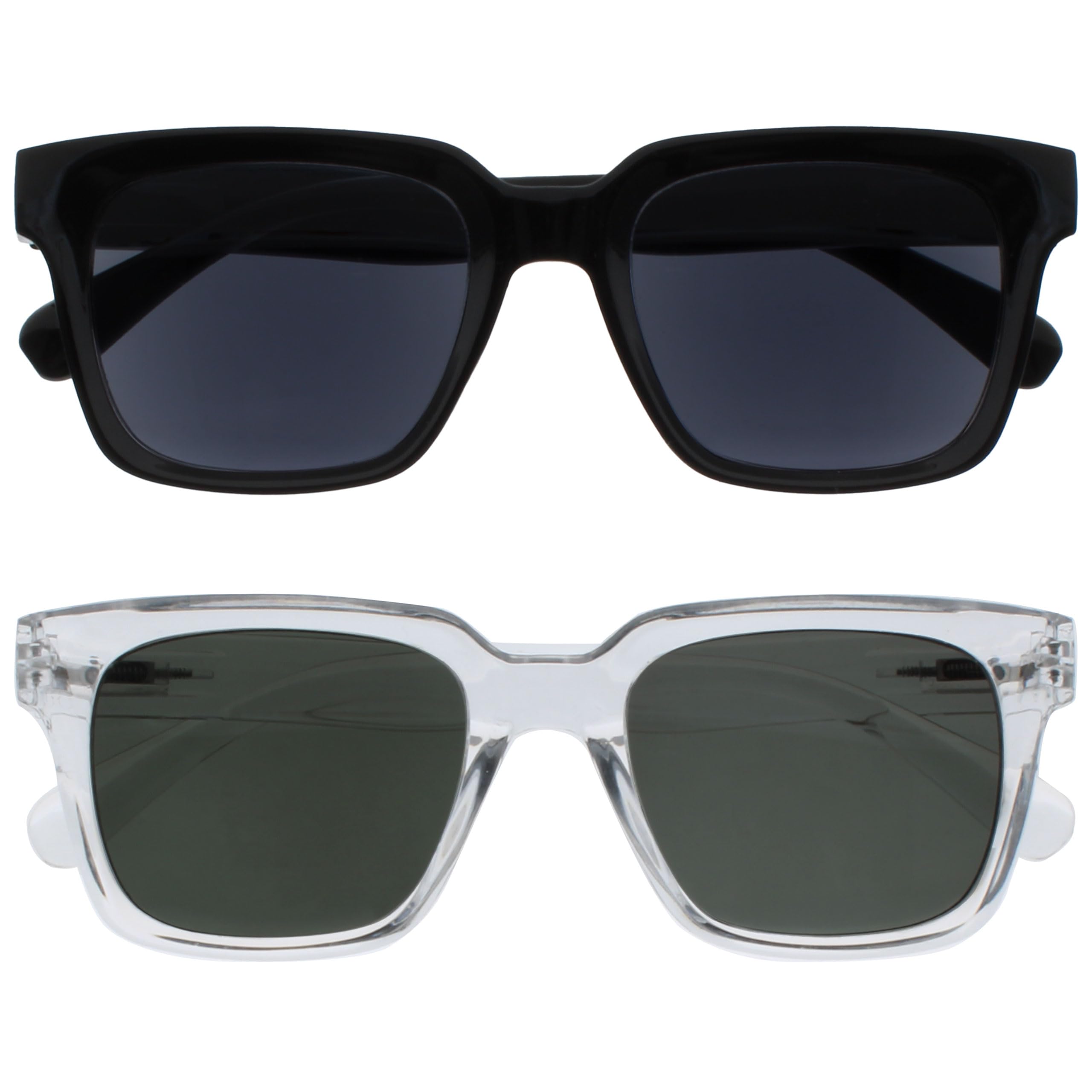 OPULIZE ERA Sunglasses for Men & Women - Black/Green Tinted Lens - 2 Pack - Anti-reflective & Anti-Glare - Polarised Lenses With UV400 Protection - Oversized Rectangular Frame - Black/Clear +0.00