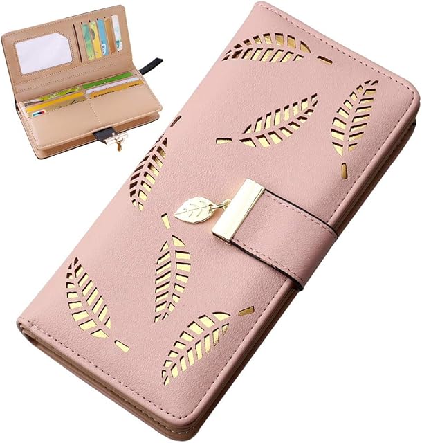 kuou Pink Leather Long Purse, Cute Women Leather Wallet Purses Women Fashion Long Purse Ladies Purse Clutch Holder Case Leaf Pendant Coin Zipper Long Purse